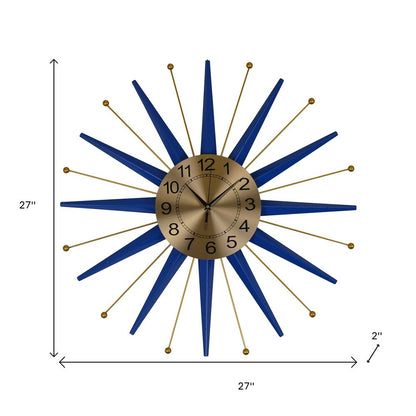 27" Blue And Gold Metal Silent Analog Starburst Wall Clock