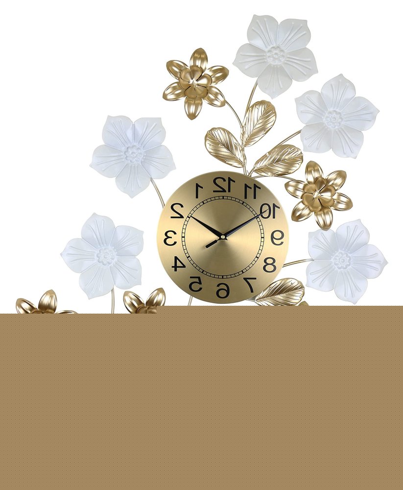 26" Gold White And Black Metal Silent Analog Floral Wall Clock