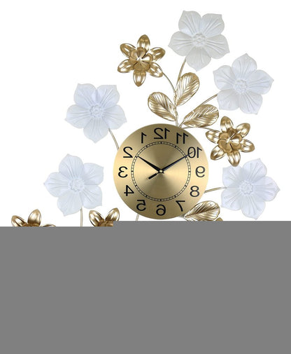 26" Gold White And Black Metal Silent Analog Floral Wall Clock