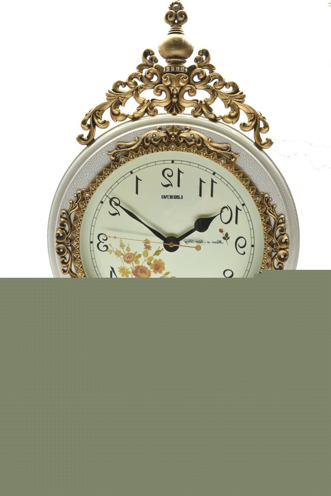 15" Ivory And Gold Resin Silent Pendulum Ornate Round Wall Clock