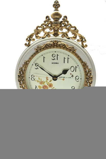 15" Ivory And Gold Resin Silent Pendulum Ornate Round Wall Clock