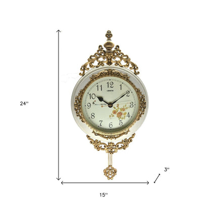 15" Ivory And Gold Resin Silent Pendulum Ornate Round Wall Clock