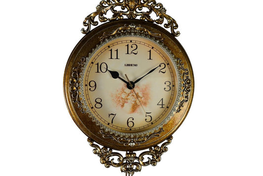 15" Gold And Silver Resin Silent Pendulum Ornate Round Wall Clock