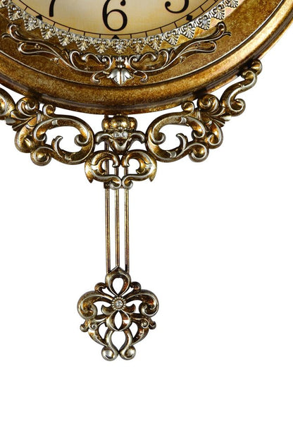 15" Gold And Silver Resin Silent Pendulum Ornate Round Wall Clock
