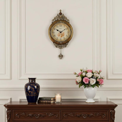 15" Gold And Silver Resin Silent Pendulum Ornate Round Wall Clock
