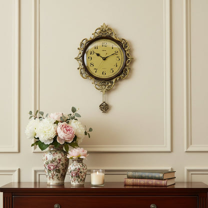 18" Brown Gold And Black Resin Silent Pendulum Ornate Round Wall Clock