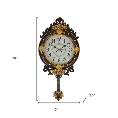 13" Brown Gold And White Resin Silent Pendulum Ornate Oval Wall Clock