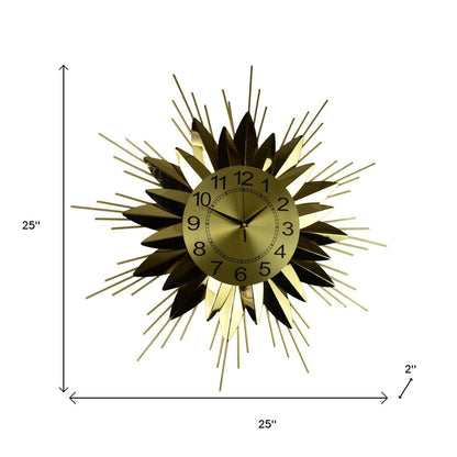 25" Gold And Black Metal Silent Analog Starburst Wall Clock