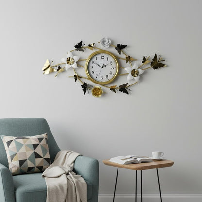 39" Gold And White Metal Silent Analog Butterfly Novelty Wall Clock