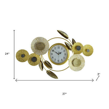 37" Gold Silver And White Metal Silent Analog Floral Novelty Wall Clock