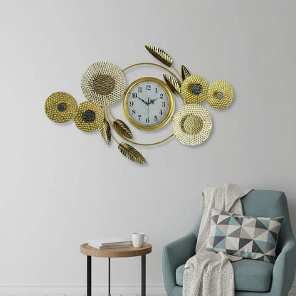 37" Gold Silver And White Metal Silent Analog Floral Novelty Wall Clock