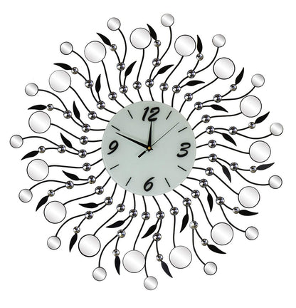 28" Silver Black And White Metal And Mirrored Glass Silent Analog Round Wall Clock
