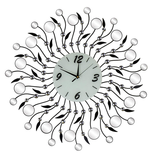 28" Silver Black And White Metal And Mirrored Glass Silent Analog Round Wall Clock