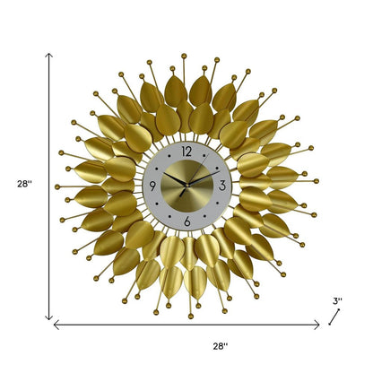 28" Gold And White Metal Silent Analog Floral Sunburst Wall Clock