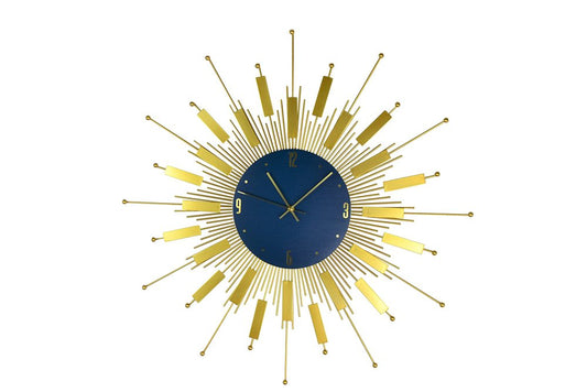 27" Gold And Blue Metal Silent Analog Sunburst Wall Clock