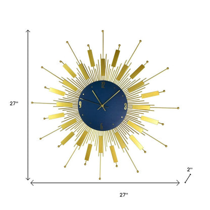 27" Gold And Blue Metal Silent Analog Sunburst Wall Clock