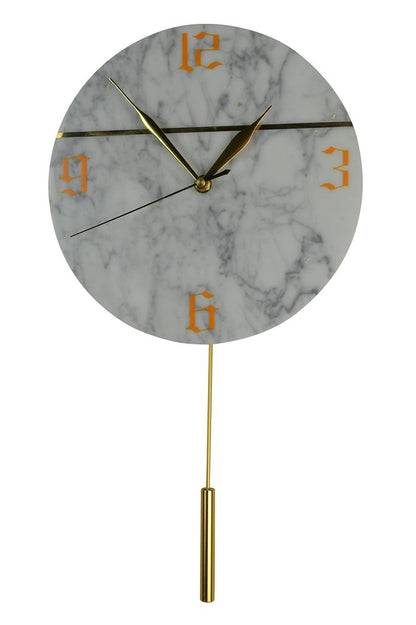 10" White And Gold Marble Silent Pendulum Marble Round Wall Clock