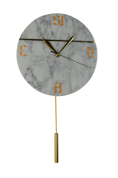 10" White And Gold Marble Silent Pendulum Marble Round Wall Clock