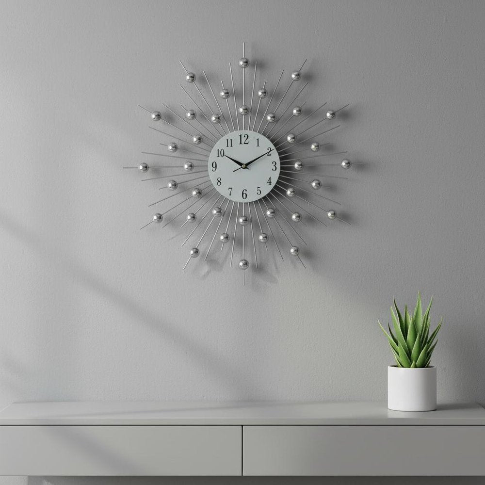 20" Black White And Clear Metal and Glass Silent Analog Sunburst Wall Clock