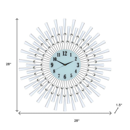 28" Silver And White Metal Silent Analog Sunburst Wall Clock