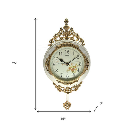 16" Antiqued White And Bronze Resin Silent Pendulum Ornate Oval Wall Clock