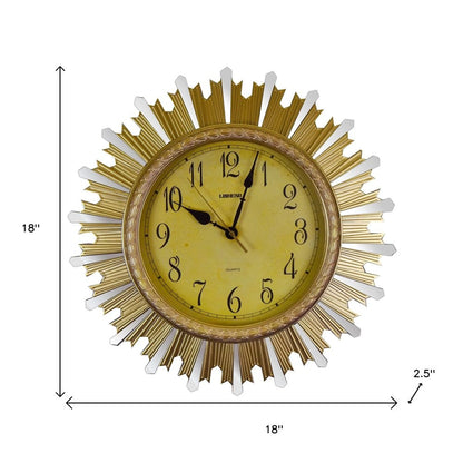 18" Gold And Silver Resin Silent Analog Sunburst Wall Clock