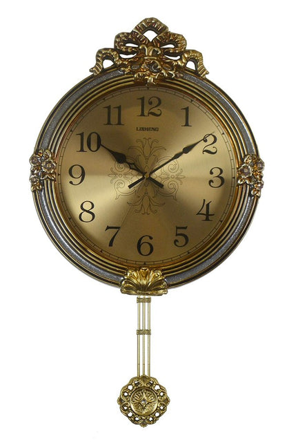15" Gold And Silver Resin Silent Pendulum Ornate Round Wall Clock