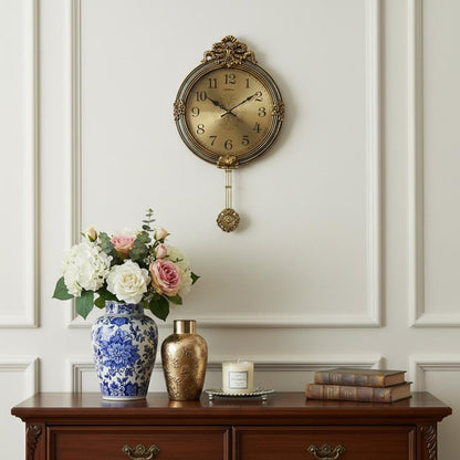 15" Gold And Silver Resin Silent Pendulum Ornate Round Wall Clock