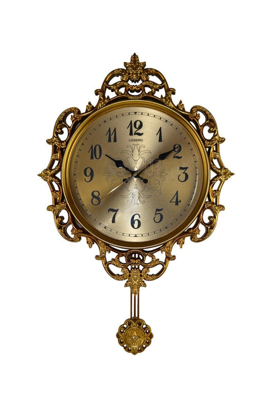 17" Gold And Black Resin Silent Pendulum Ornate Round Wall Clock