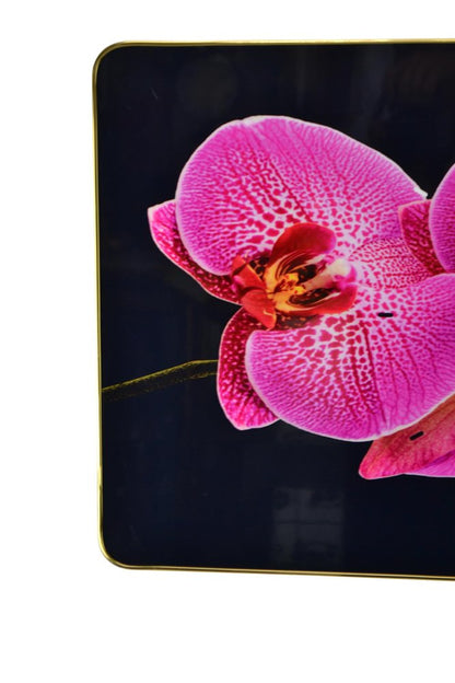 24" Pink Black And Gold Solid Wood and Acrylic Silent Orchids Floral Wall Clock