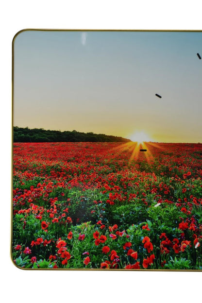24" Red Blue And Gold Solid Wood and Acrylic Silent Poppies Floral Wall Clock