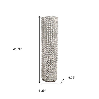 21" Clear And Silver Faux Crystal And Metal Table Vase