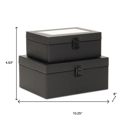 Set Of Two Black Faux Leather And Mirrored Glass Jewelry Boxes