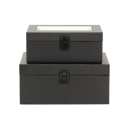 Set Of Two Black Faux Leather And Mirrored Glass Jewelry Boxes