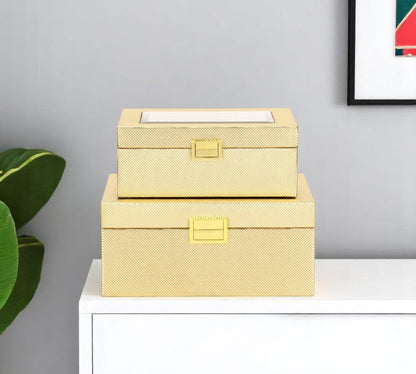 Set Of Two Gold Faux Leather And Mirrored Glass Jewelry Boxes