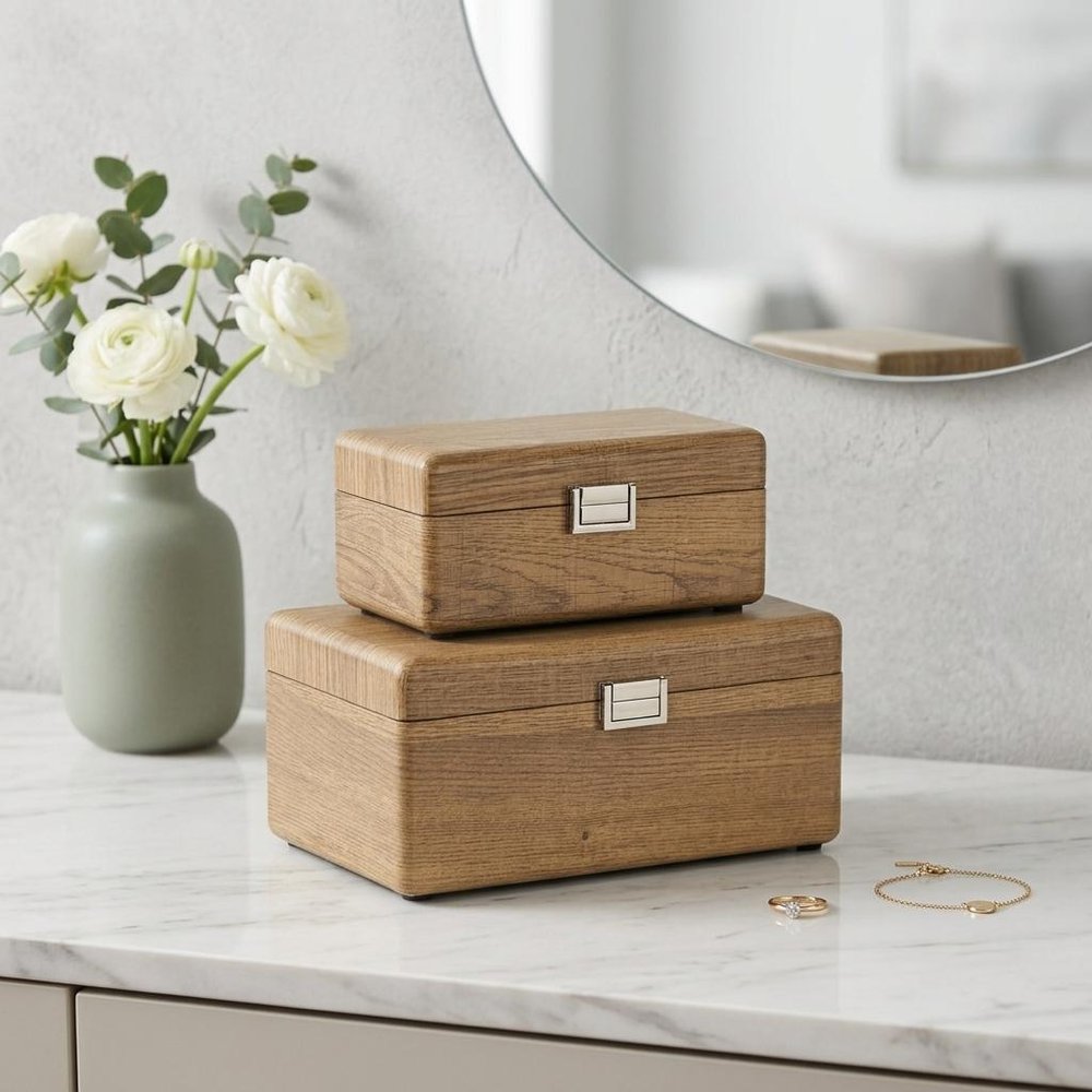 Set Of Two Brown Solid Wood Jewelry Boxes