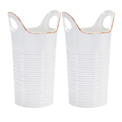 Set of Two White And Beige Ceramic Round Table Vases