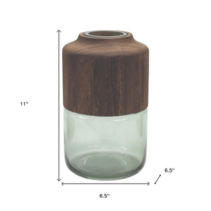 11" Brown And Sage Glass Round Table Vase With Wood