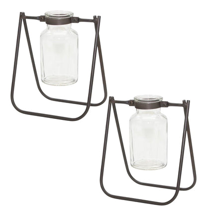 Set of Two Clear And Brown Glass And Metal Round Table Vases