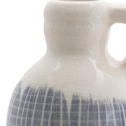 Set of Three Off White And Blue Clay Checkered Jug Vases