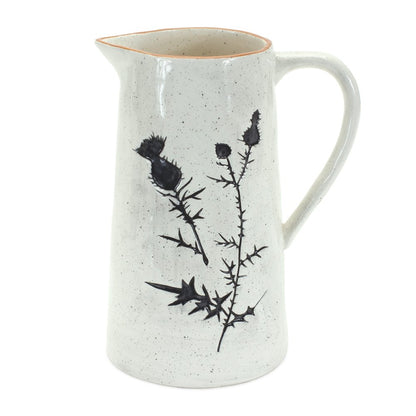 Set of Two Black And Off White Floral Ceramic Cylinder Pitcher Vase
