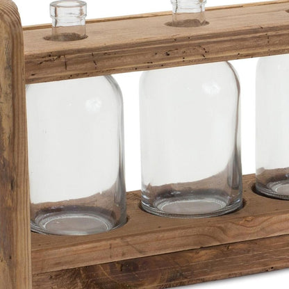 10" Clear And Brown Glass And Wood Three Bottle Table Vase