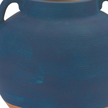 7" Blue And Terra Cotta Ceramic Round Urn