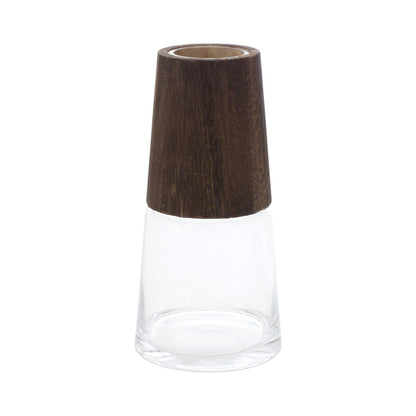 Set of Two Brown And Clear Glass Tapered Table Vases With Wood