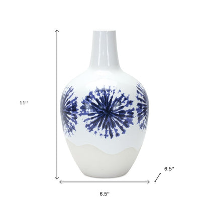 11" White And Blue Geometric Medallion Ceramic Urn Vase