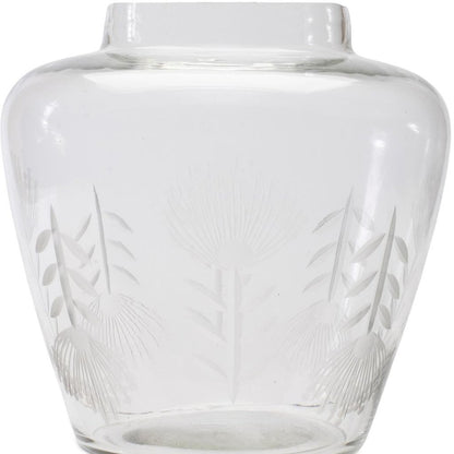 7" Clear Etched Leaf Glass Urn Table Vase