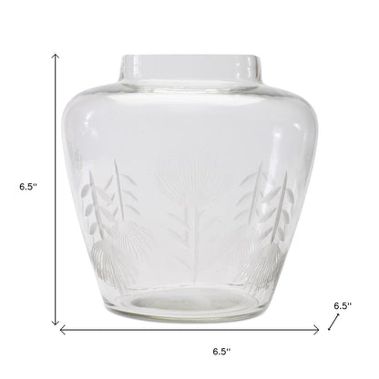 7" Clear Etched Leaf Glass Urn Table Vase