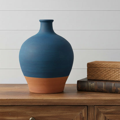 9" Blue And Terra Cotta Ceramic Round Urn