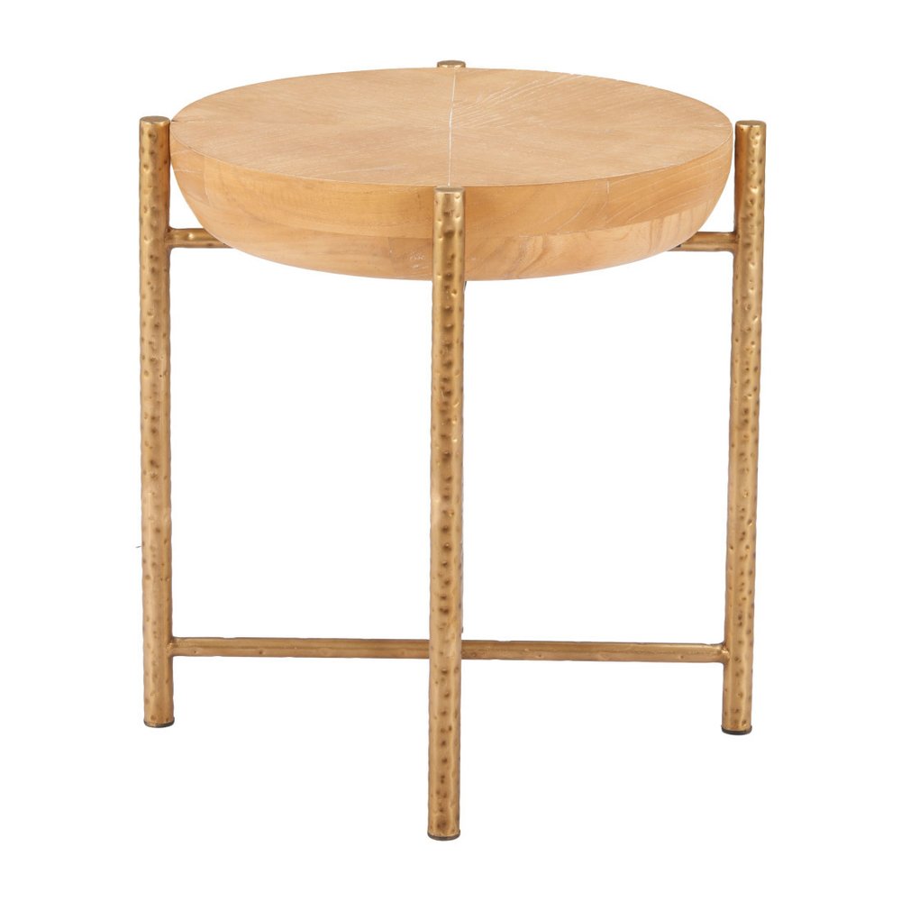 22" Natural and Gold Wood and Stainless Steel Round End Table