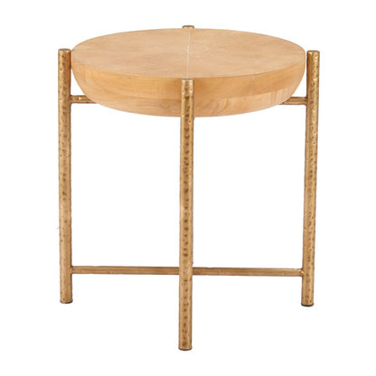 22" Natural and Gold Wood and Stainless Steel Round End Table